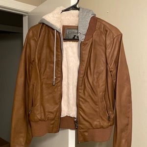 Brown lined jacket with hood.